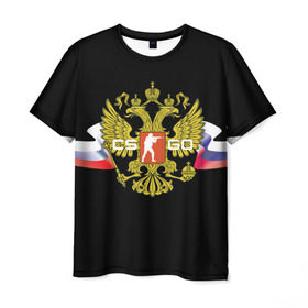 Мужская футболка 3D с принтом CS GO RUSSIAN TEAM в Новосибирске, 100% полиэфир | прямой крой, круглый вырез горловины, длина до линии бедер | global offensive | герб | россия | флаг