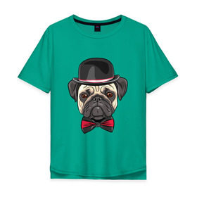 Мужская футболка хлопок Oversize с принтом Мопсик в цилиндре в Новосибирске, 100% хлопок | свободный крой, круглый ворот, “спинка” длиннее передней части | домашние животные | мопс | пес | песик | собака | собачка
