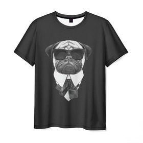 Мужская футболка 3D с принтом Мопс в черном в Новосибирске, 100% полиэфир | прямой крой, круглый вырез горловины, длина до линии бедер | домашние животные | мопс | пес | песик | собака | собачка