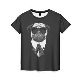 Женская футболка 3D с принтом Мопс в черном в Новосибирске, 100% полиэфир ( синтетическое хлопкоподобное полотно) | прямой крой, круглый вырез горловины, длина до линии бедер | домашние животные | мопс | пес | песик | собака | собачка
