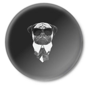 Значок с принтом Мопс в черном в Новосибирске,  металл | круглая форма, металлическая застежка в виде булавки | Тематика изображения на принте: домашние животные | мопс | пес | песик | собака | собачка