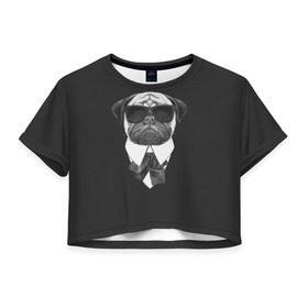 Женская футболка 3D укороченная с принтом Мопс в черном в Новосибирске, 100% полиэстер | круглая горловина, длина футболки до линии талии, рукава с отворотами | домашние животные | мопс | пес | песик | собака | собачка