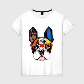 Женская футболка хлопок с принтом Лоскутный мопс в Новосибирске, 100% хлопок | прямой крой, круглый вырез горловины, длина до линии бедер, слегка спущенное плечо | бульдог | домашние животные | пес | песик | собака | собачка | французский бульдог