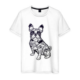 Мужская футболка хлопок с принтом Суровый бульдог в Новосибирске, 100% хлопок | прямой крой, круглый вырез горловины, длина до линии бедер, слегка спущенное плечо. | Тематика изображения на принте: бульдог | домашние животные | пес | песик | собака | собачка | французский бульдог