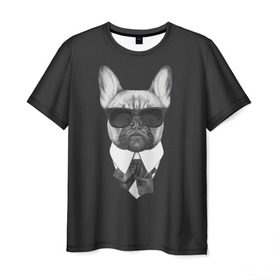 Мужская футболка 3D с принтом Бульдог в черном в Новосибирске, 100% полиэфир | прямой крой, круглый вырез горловины, длина до линии бедер | Тематика изображения на принте: бульдог | домашние животные | пес | песик | собака | собачка | французский бульдог