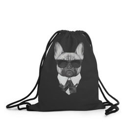 Рюкзак-мешок 3D с принтом Бульдог в черном в Новосибирске, 100% полиэстер | плотность ткани — 200 г/м2, размер — 35 х 45 см; лямки — толстые шнурки, застежка на шнуровке, без карманов и подкладки | бульдог | домашние животные | пес | песик | собака | собачка | французский бульдог