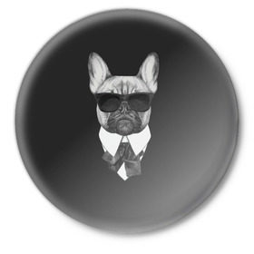 Значок с принтом Бульдог в черном в Новосибирске,  металл | круглая форма, металлическая застежка в виде булавки | Тематика изображения на принте: бульдог | домашние животные | пес | песик | собака | собачка | французский бульдог