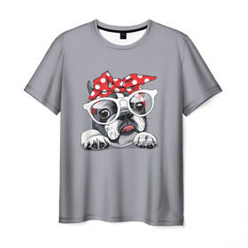 Мужская футболка 3D с принтом Бульдог в очках_2 в Новосибирске, 100% полиэфир | прямой крой, круглый вырез горловины, длина до линии бедер | Тематика изображения на принте: бульдог | домашние животные | пес | песик | собака | собачка | французский бульдог