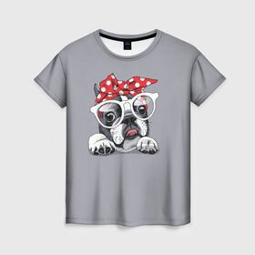 Женская футболка 3D с принтом Бульдог в очках_2 в Новосибирске, 100% полиэфир ( синтетическое хлопкоподобное полотно) | прямой крой, круглый вырез горловины, длина до линии бедер | Тематика изображения на принте: бульдог | домашние животные | пес | песик | собака | собачка | французский бульдог
