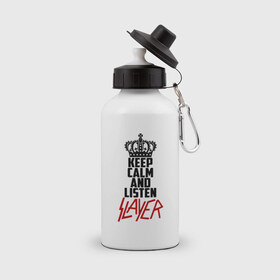 Бутылка спортивная с принтом Keep calm and listen Slayer в Новосибирске, металл | емкость — 500 мл, в комплекте две пластиковые крышки и карабин для крепления | Тематика изображения на принте: 