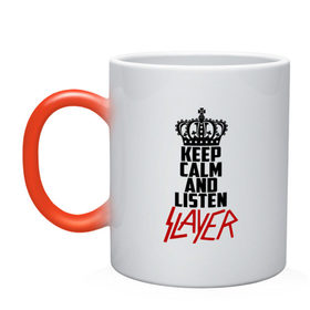 Кружка хамелеон с принтом Keep calm and listen Slayer в Новосибирске, керамика | меняет цвет при нагревании, емкость 330 мл | Тематика изображения на принте: 