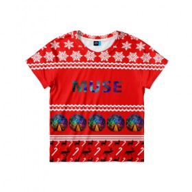 Детская футболка 3D с принтом Праздничный Muse в Новосибирске, 100% гипоаллергенный полиэфир | прямой крой, круглый вырез горловины, длина до линии бедер, чуть спущенное плечо, ткань немного тянется | muse | альтернативный | группа | доминик ховард | знак | красный | крис уолстенхолм | мо | моус | моусе | муза | музе | мусе | мэттью беллами | надпись | новогодний | новый год | праздник | прогрессивный