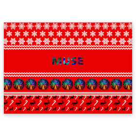 Поздравительная открытка с принтом Праздничный Muse в Новосибирске, 100% бумага | плотность бумаги 280 г/м2, матовая, на обратной стороне линовка и место для марки
 | muse | альтернативный | группа | доминик ховард | знак | красный | крис уолстенхолм | мо | моус | моусе | муза | музе | мусе | мэттью беллами | надпись | новогодний | новый год | праздник | прогрессивный