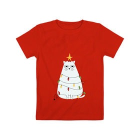 Детская футболка хлопок с принтом Кот ёлка в Новосибирске, 100% хлопок | круглый вырез горловины, полуприлегающий силуэт, длина до линии бедер | Тематика изображения на принте: 
