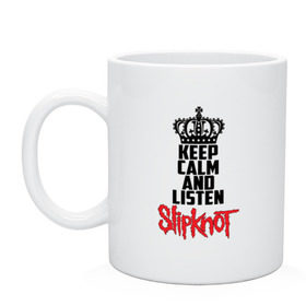 Кружка с принтом Keep calm and listen Slipknot в Новосибирске, керамика | объем — 330 мл, диаметр — 80 мм. Принт наносится на бока кружки, можно сделать два разных изображения | slipknot | альтернативный | грув | кори тейлор | крис фен | метал | музыка | ню | рок | слайпкнот | слипкнот | слипнот