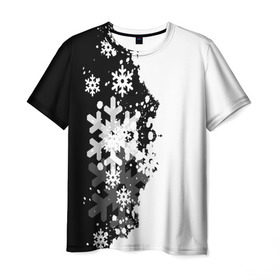 Мужская футболка 3D с принтом Снежные узоры в Новосибирске, 100% полиэфир | прямой крой, круглый вырез горловины, длина до линии бедер | black | christmas | new year | pattern | white | абстракция | зима | новый год | рождество | снег | снежинки | узор | черно белые