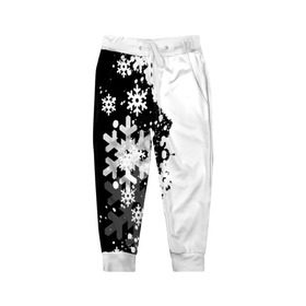 Детские брюки 3D с принтом Снежные узоры в Новосибирске, 100% полиэстер | манжеты по низу, эластичный пояс регулируется шнурком, по бокам два кармана без застежек, внутренняя часть кармана из мелкой сетки | black | christmas | new year | pattern | white | абстракция | зима | новый год | рождество | снег | снежинки | узор | черно белые