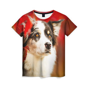 Женская футболка 3D с принтом Бордер колли в красных листьях в Новосибирске, 100% полиэфир ( синтетическое хлопкоподобное полотно) | прямой крой, круглый вырез горловины, длина до линии бедер | border collie | dog | бордер колли | красный | листья | осень | собака