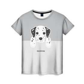 Женская футболка 3D с принтом Dalmatian Puppy в Новосибирске, 100% полиэфир ( синтетическое хлопкоподобное полотно) | прямой крой, круглый вырез горловины, длина до линии бедер | далматин | далматинец | домашние животные | пес | песик | собака | собачка | терьер | шпиц