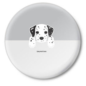 Значок с принтом Dalmatian Puppy в Новосибирске,  металл | круглая форма, металлическая застежка в виде булавки | далматин | далматинец | домашние животные | пес | песик | собака | собачка | терьер | шпиц