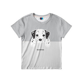 Детская футболка 3D с принтом Dalmatian Puppy в Новосибирске, 100% гипоаллергенный полиэфир | прямой крой, круглый вырез горловины, длина до линии бедер, чуть спущенное плечо, ткань немного тянется | Тематика изображения на принте: далматин | далматинец | домашние животные | пес | песик | собака | собачка | терьер | шпиц