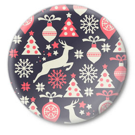 Значок с принтом Зимние фантазии в Новосибирске,  металл | круглая форма, металлическая застежка в виде булавки | елка | елочные игрушки | новый год | олень | снег | снежинки