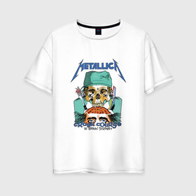 Женская футболка хлопок Oversize с принтом Metallica crash course в Новосибирске, 100% хлопок | свободный крой, круглый ворот, спущенный рукав, длина до линии бедер
 | Тематика изображения на принте: metallica | группа | джеймс хэтфилд | кирк хэмметт | ларс ульрих | метал | металика | металлика | миталика | музыка | роберт трухильо | рок | трэш | трэшметал | хард | хардрок | хеви | хевиметал