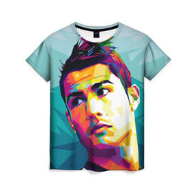 Женская футболка 3D с принтом Cristiano Ronaldo в Новосибирске, 100% полиэфир ( синтетическое хлопкоподобное полотно) | прямой крой, круглый вырез горловины, длина до линии бедер | криштиану | реал мадрид | роналду