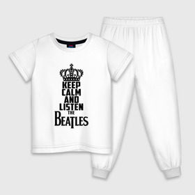 Детская пижама хлопок с принтом Keep calm and listen Beatles в Новосибирске, 100% хлопок |  брюки и футболка прямого кроя, без карманов, на брюках мягкая резинка на поясе и по низу штанин
 | Тематика изображения на принте: beatles | the beatles | бителз | бителс | битлз | битлс | битлы | группа | джон леннон | джордж харрисон | жуки | зе | ливерпульская четвёрка | мерсибит | пол маккартни | поп | ринго старр | рок