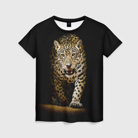 Женская футболка 3D с принтом Leopard в Новосибирске, 100% полиэфир ( синтетическое хлопкоподобное полотно) | прямой крой, круглый вырез горловины, длина до линии бедер | дикая кошка | зверь | клыки | кот | леопард | оскал | пантера | природа | хищник | ягуар