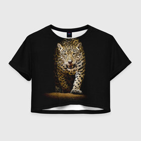 Женская футболка 3D укороченная с принтом Leopard в Новосибирске, 100% полиэстер | круглая горловина, длина футболки до линии талии, рукава с отворотами | дикая кошка | зверь | клыки | кот | леопард | оскал | пантера | природа | хищник | ягуар