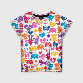 Детская футболка 3D с принтом Веселый зоопарк в Новосибирске, 100% гипоаллергенный полиэфир | прямой крой, круглый вырез горловины, длина до линии бедер, чуть спущенное плечо, ткань немного тянется | бабочка | заяц | кролик | слон | цветы | черепаxа