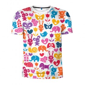 Мужская футболка 3D спортивная с принтом Веселый зоопарк в Новосибирске, 100% полиэстер с улучшенными характеристиками | приталенный силуэт, круглая горловина, широкие плечи, сужается к линии бедра | бабочка | заяц | кролик | слон | цветы | черепаxа