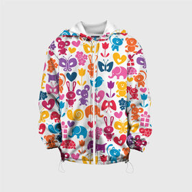Детская куртка 3D с принтом Веселый зоопарк в Новосибирске, 100% полиэстер | застежка — молния, подол и капюшон оформлены резинкой с фиксаторами, по бокам — два кармана без застежек, один потайной карман на груди, плотность верхнего слоя — 90 г/м2; плотность флисового подклада — 260 г/м2 | бабочка | заяц | кролик | слон | цветы | черепаxа