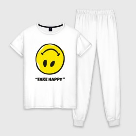 Женская пижама хлопок с принтом Fake Happy в Новосибирске, 100% хлопок | брюки и футболка прямого кроя, без карманов, на брюках мягкая резинка на поясе и по низу штанин | 