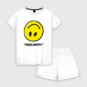 Женская пижама с шортиками хлопок с принтом Fake Happy в Новосибирске, 100% хлопок | футболка прямого кроя, шорты свободные с широкой мягкой резинкой | 