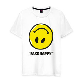 Мужская футболка хлопок с принтом Fake Happy в Новосибирске, 100% хлопок | прямой крой, круглый вырез горловины, длина до линии бедер, слегка спущенное плечо. | Тематика изображения на принте: 