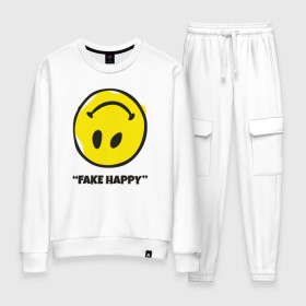 Женский костюм хлопок с принтом Fake Happy в Новосибирске, 100% хлопок | на свитшоте круглая горловина, мягкая резинка по низу. Брюки заужены к низу, на них два вида карманов: два 