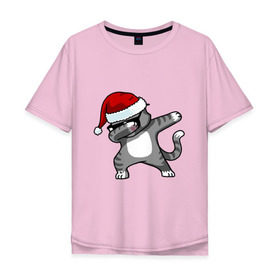 Мужская футболка хлопок Oversize с принтом DAB Cat Santa в Новосибирске, 100% хлопок | свободный крой, круглый ворот, “спинка” длиннее передней части | даб | кот | новогодний | рождество | шапка