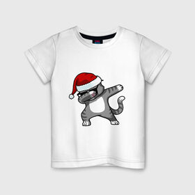 Детская футболка хлопок с принтом DAB Cat Santa в Новосибирске, 100% хлопок | круглый вырез горловины, полуприлегающий силуэт, длина до линии бедер | даб | кот | новогодний | рождество | шапка