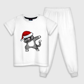 Детская пижама хлопок с принтом DAB Cat Santa в Новосибирске, 100% хлопок |  брюки и футболка прямого кроя, без карманов, на брюках мягкая резинка на поясе и по низу штанин
 | даб | кот | новогодний | рождество | шапка