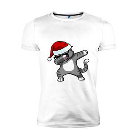 Мужская футболка премиум с принтом DAB Cat Santa в Новосибирске, 92% хлопок, 8% лайкра | приталенный силуэт, круглый вырез ворота, длина до линии бедра, короткий рукав | Тематика изображения на принте: даб | кот | новогодний | рождество | шапка