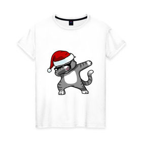 Женская футболка хлопок с принтом DAB Cat Santa в Новосибирске, 100% хлопок | прямой крой, круглый вырез горловины, длина до линии бедер, слегка спущенное плечо | даб | кот | новогодний | рождество | шапка