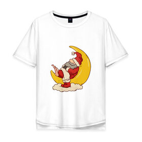 Мужская футболка хлопок Oversize с принтом Санта на луне в Новосибирске, 100% хлопок | свободный крой, круглый ворот, “спинка” длиннее передней части | Тематика изображения на принте: 