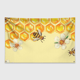 Флаг-баннер с принтом Любители меда в Новосибирске, 100% полиэстер | размер 67 х 109 см, плотность ткани — 95 г/м2; по краям флага есть четыре люверса для крепления | крылья | мед | насекомое | полет | природа | пчелы | улей | цветное | яркое