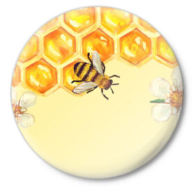 Значок с принтом Любители меда в Новосибирске,  металл | круглая форма, металлическая застежка в виде булавки | крылья | мед | насекомое | полет | природа | пчелы | улей | цветное | яркое