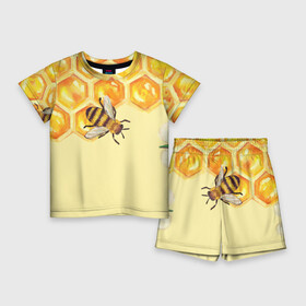 Детский костюм с шортами 3D с принтом Любители меда в Новосибирске,  |  | крылья | мед | насекомое | полет | природа | пчелы | улей | цветное | яркое