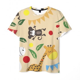 Мужская футболка 3D с принтом Веселый зоопарк в Новосибирске, 100% полиэфир | прямой крой, круглый вырез горловины, длина до линии бедер | жираф | лошадь | мартышка | пони