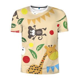 Мужская футболка 3D спортивная с принтом Веселый зоопарк в Новосибирске, 100% полиэстер с улучшенными характеристиками | приталенный силуэт, круглая горловина, широкие плечи, сужается к линии бедра | жираф | лошадь | мартышка | пони