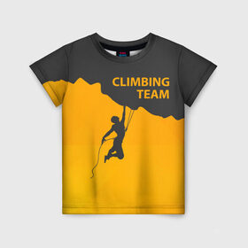 Детская футболка 3D с принтом climbing в Новосибирске, 100% гипоаллергенный полиэфир | прямой крой, круглый вырез горловины, длина до линии бедер, чуть спущенное плечо, ткань немного тянется | adrenaline | extreme | hiking | mountaineering | mountains | risk | rock climb | rocks | sport | адреналин | альпинизм | высота | горы | риск | скалолазание | скалы | спорт | туризм | экстрим